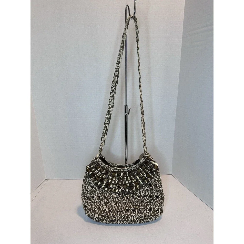 Vintage Sun N San Brown 1986 woven macramé beaded bohemian BoHo shoulder bag